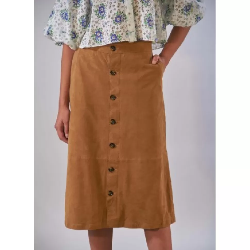 Women OAKWOOD Skirts And Shorts*Aliana Tan - Midi Skirt With Buttons In Genuine Goat Suede Leather