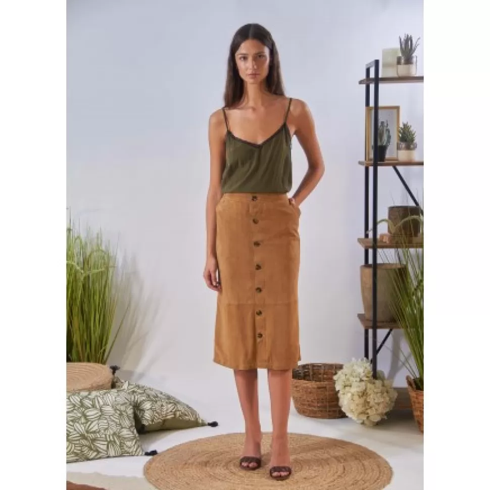 Women OAKWOOD Skirts And Shorts*Aliana Tan - Midi Skirt With Buttons In Genuine Goat Suede Leather