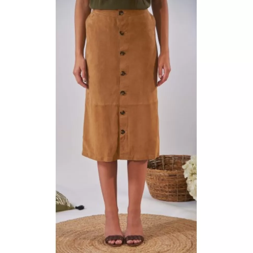Women OAKWOOD Skirts And Shorts*Aliana Tan - Midi Skirt With Buttons In Genuine Goat Suede Leather