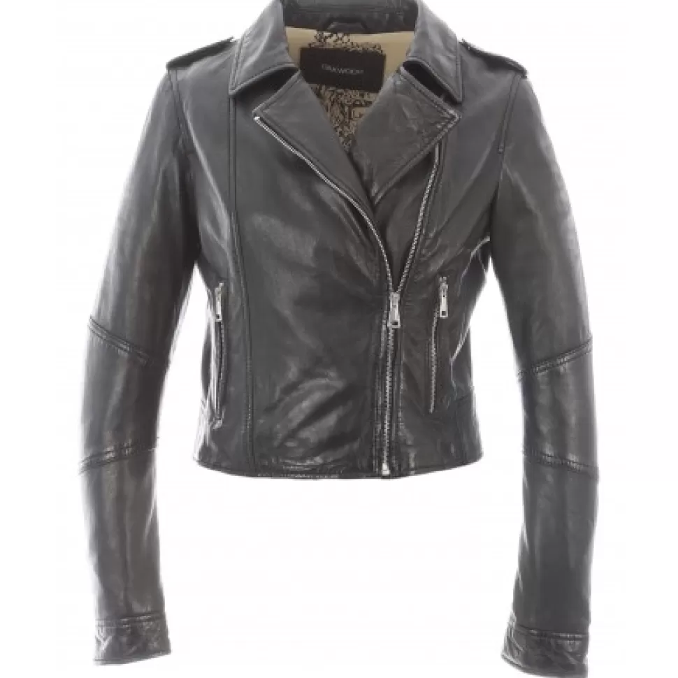 Women OAKWOOD Biker Jackets*Alizee Black - Short Genuine Leather Jacket With Washed Effect