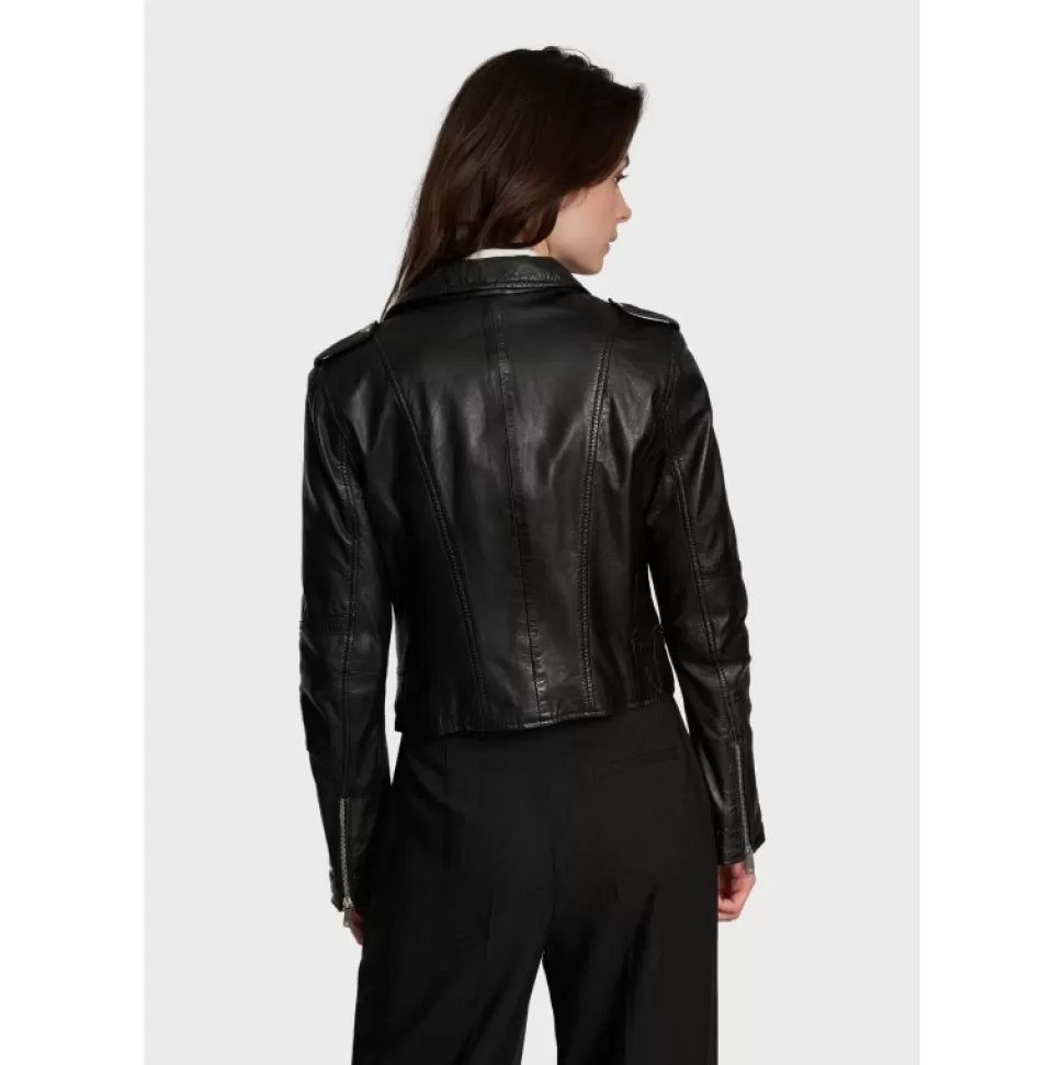 Women OAKWOOD Biker Jackets*Alizee Black - Short Genuine Leather Jacket With Washed Effect