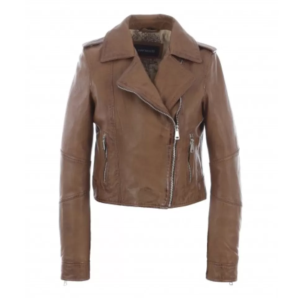 Women OAKWOOD Biker Jackets*Alizee Cognac - Short Genuine Leather Jacket With Washed Effect