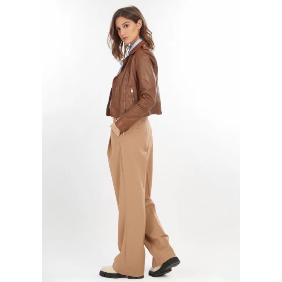 Women OAKWOOD Biker Jackets*Alizee Cognac - Short Genuine Leather Jacket With Washed Effect