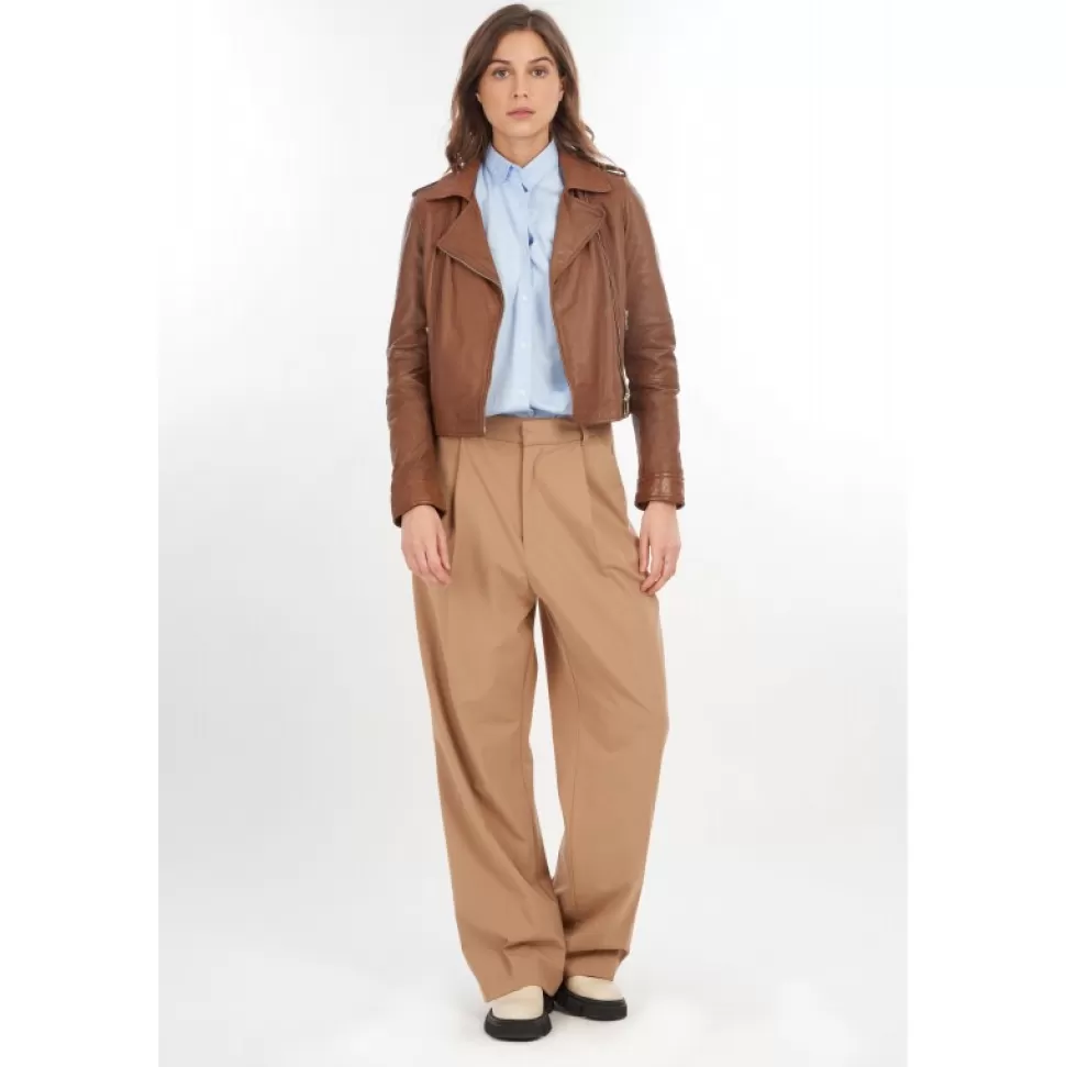 Women OAKWOOD Biker Jackets*Alizee Cognac - Short Genuine Leather Jacket With Washed Effect
