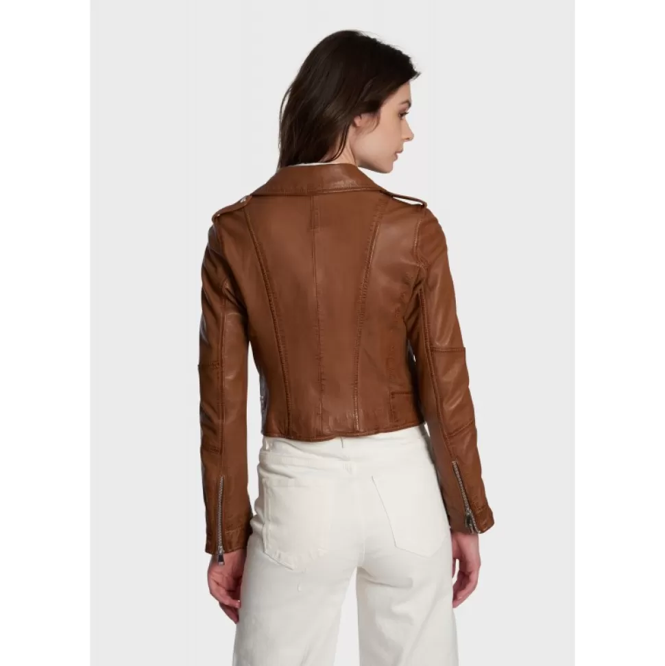 Women OAKWOOD Biker Jackets*Alizee Cognac - Short Genuine Leather Jacket With Washed Effect