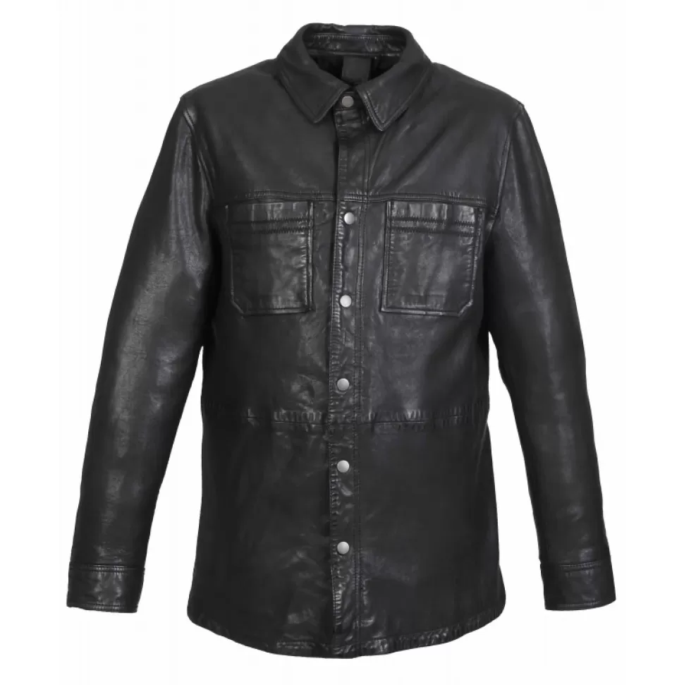Men OAKWOOD Simple Jackets*Carter Black - Overshirt In Genuine Sheep Leather With Washed Effect