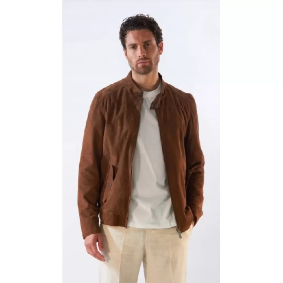 Men OAKWOOD Jackets*Chicago Cognac - Elegant Jacket In Genuine Leather With Mao Collar And Teddy Belt