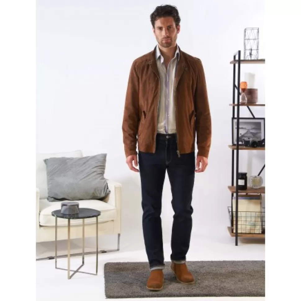 Men OAKWOOD Jackets*Chicago Cognac - Elegant Jacket In Genuine Leather With Mao Collar And Teddy Belt