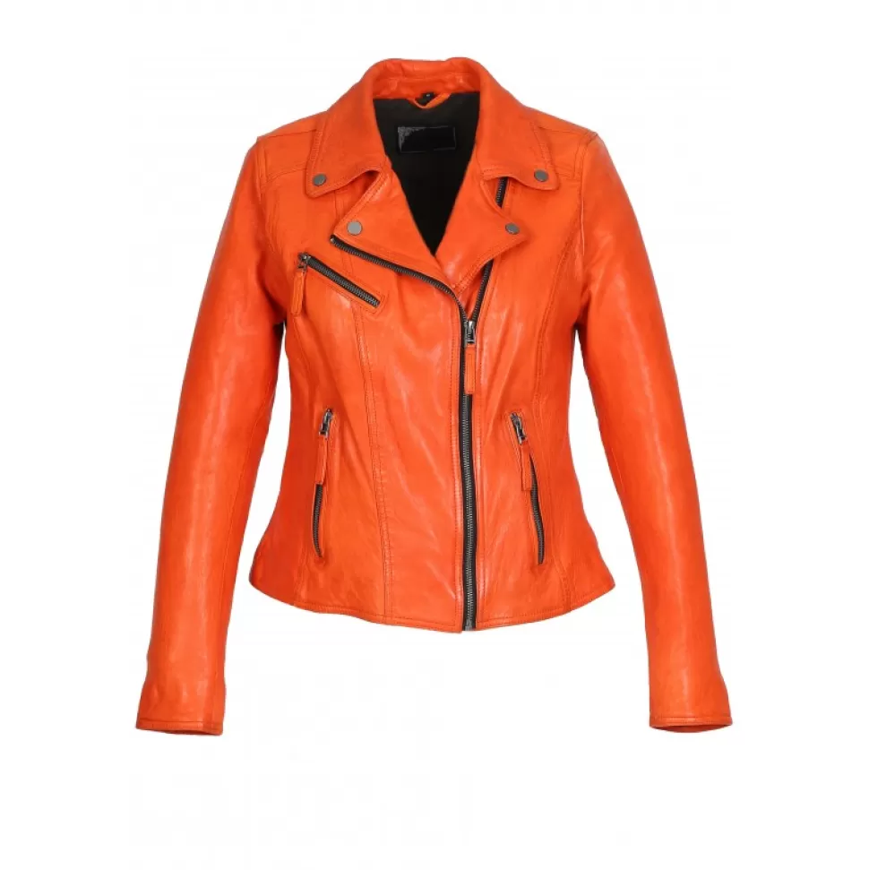 Women OAKWOOD Biker Jackets*Clips Coral - Asymetrical Refined Jacket In Genuine Leather