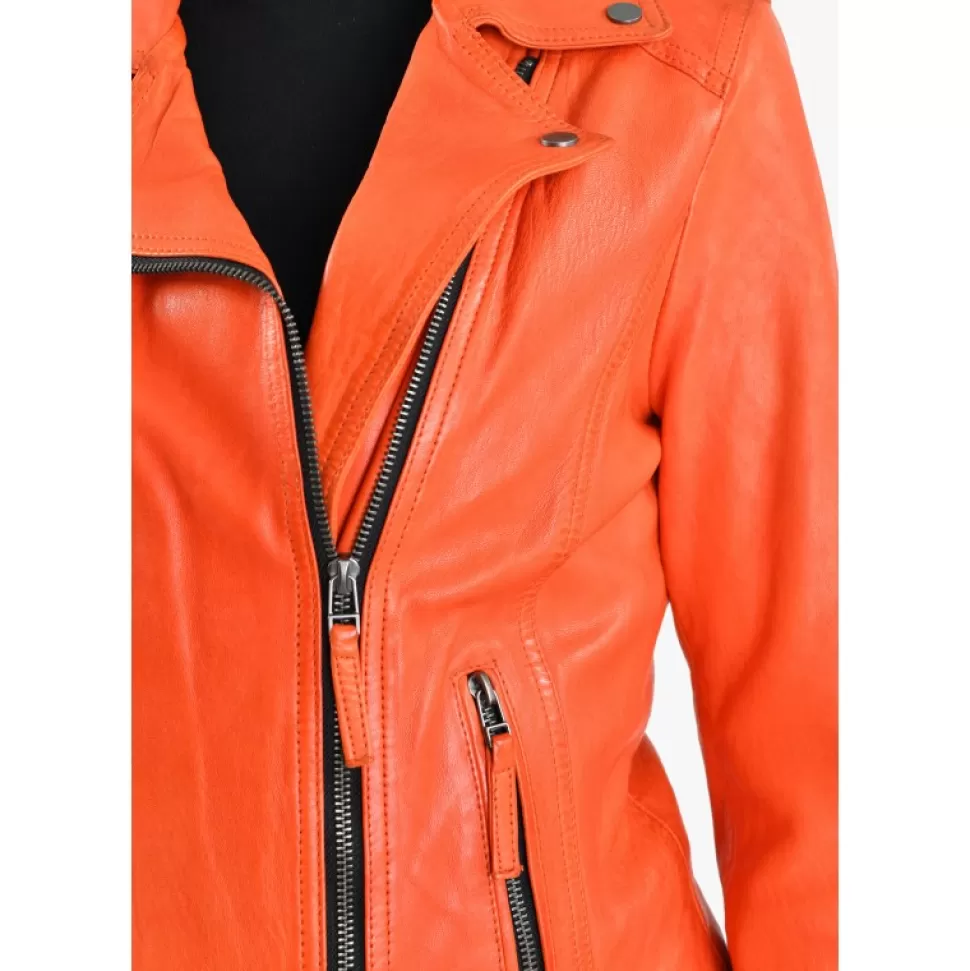 Women OAKWOOD Biker Jackets*Clips Coral - Asymetrical Refined Jacket In Genuine Leather