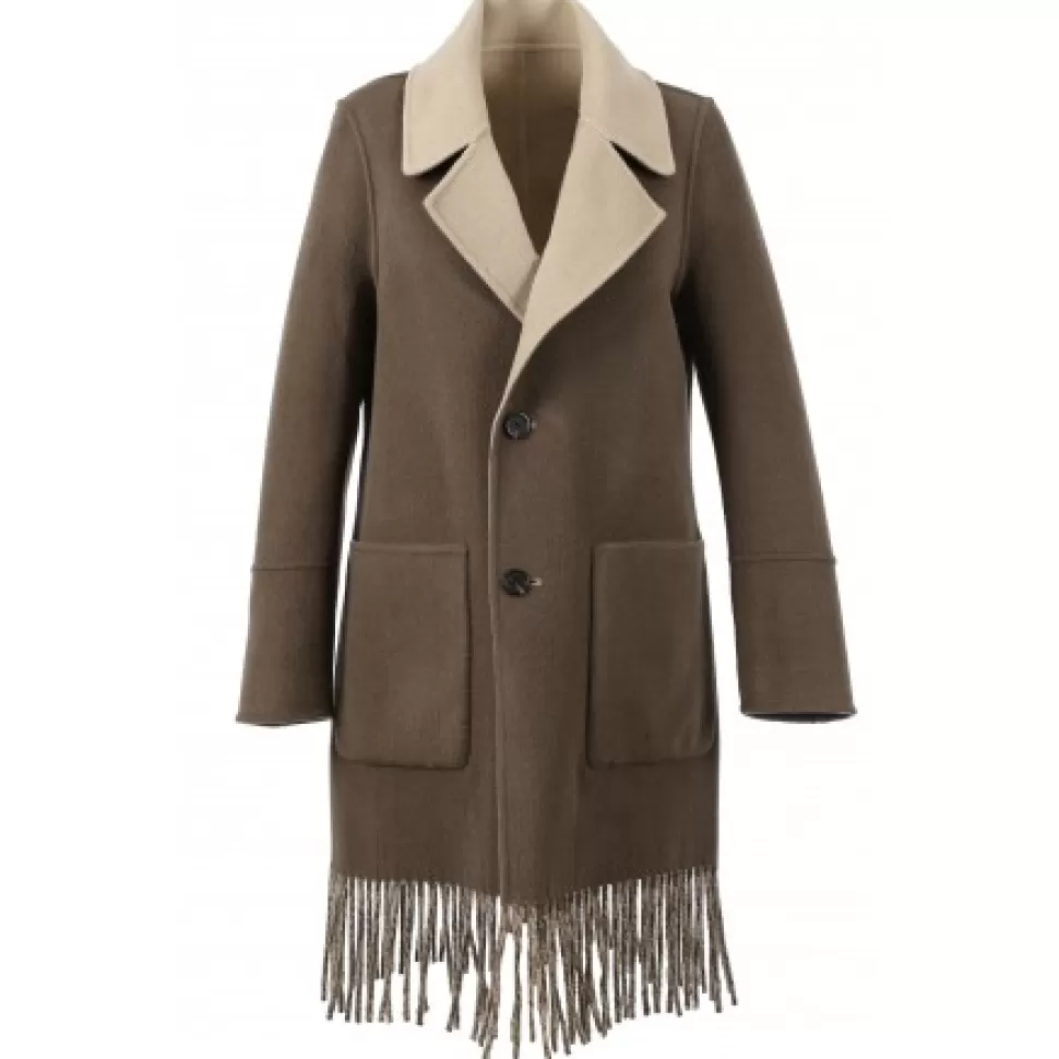 Women OAKWOOD Coats*Fabienne Bi Dark Khaki - Mid-Long Reversible Wool Coat With Fringes