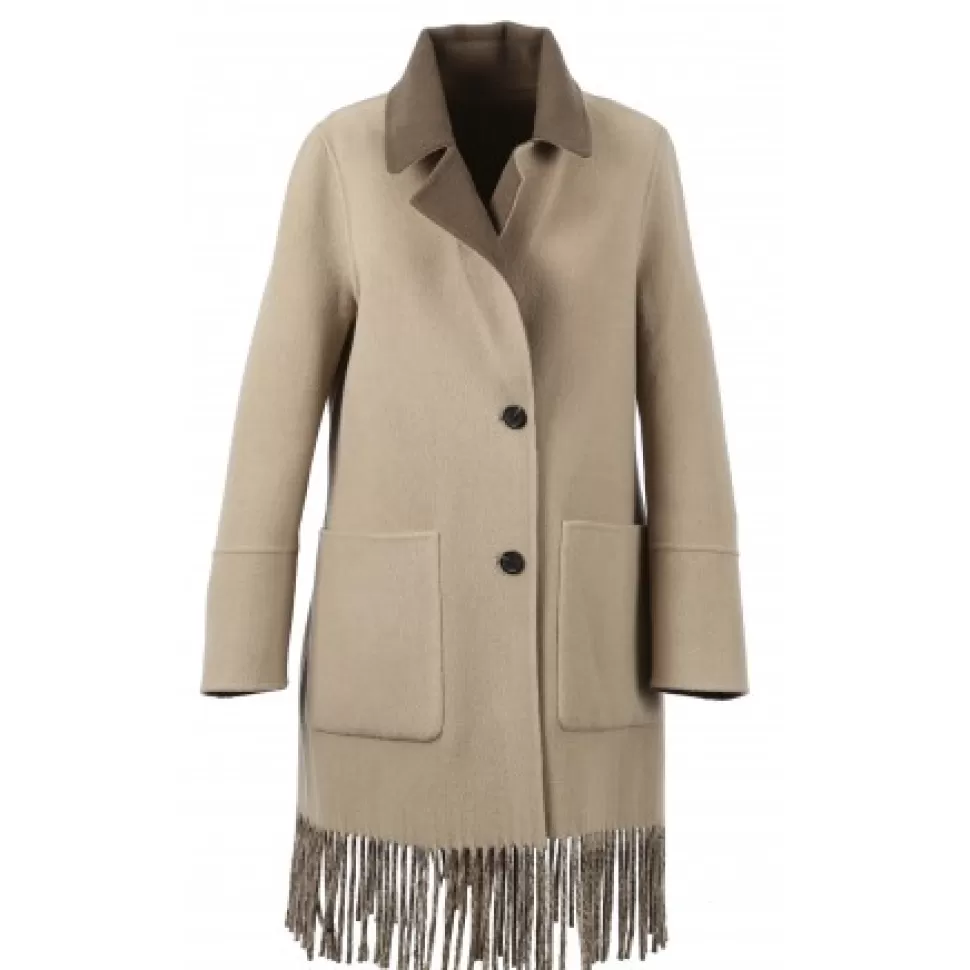 Women OAKWOOD Coats*Fabienne Bi Dark Khaki - Mid-Long Reversible Wool Coat With Fringes