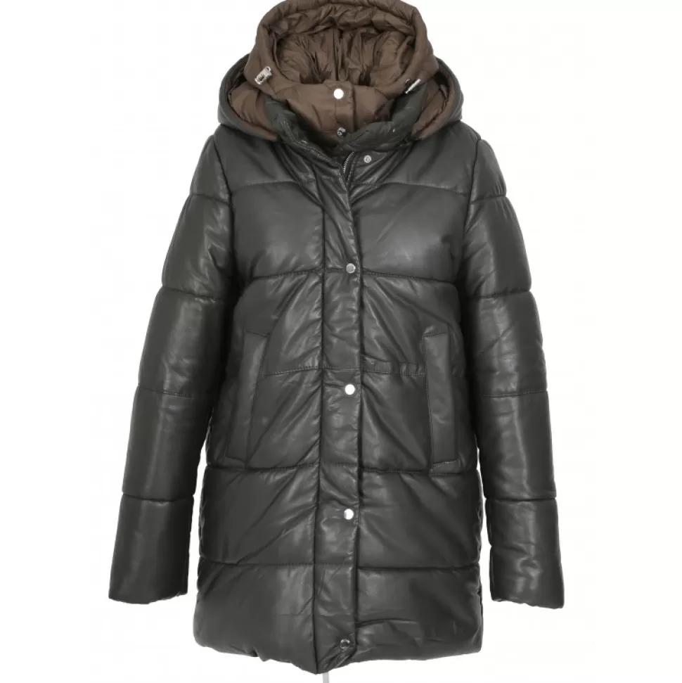 Women OAKWOOD Downjackets*Fancy Dark Khaki - Mid-Long Genuine Leather Down Jacket With Removable Hoods