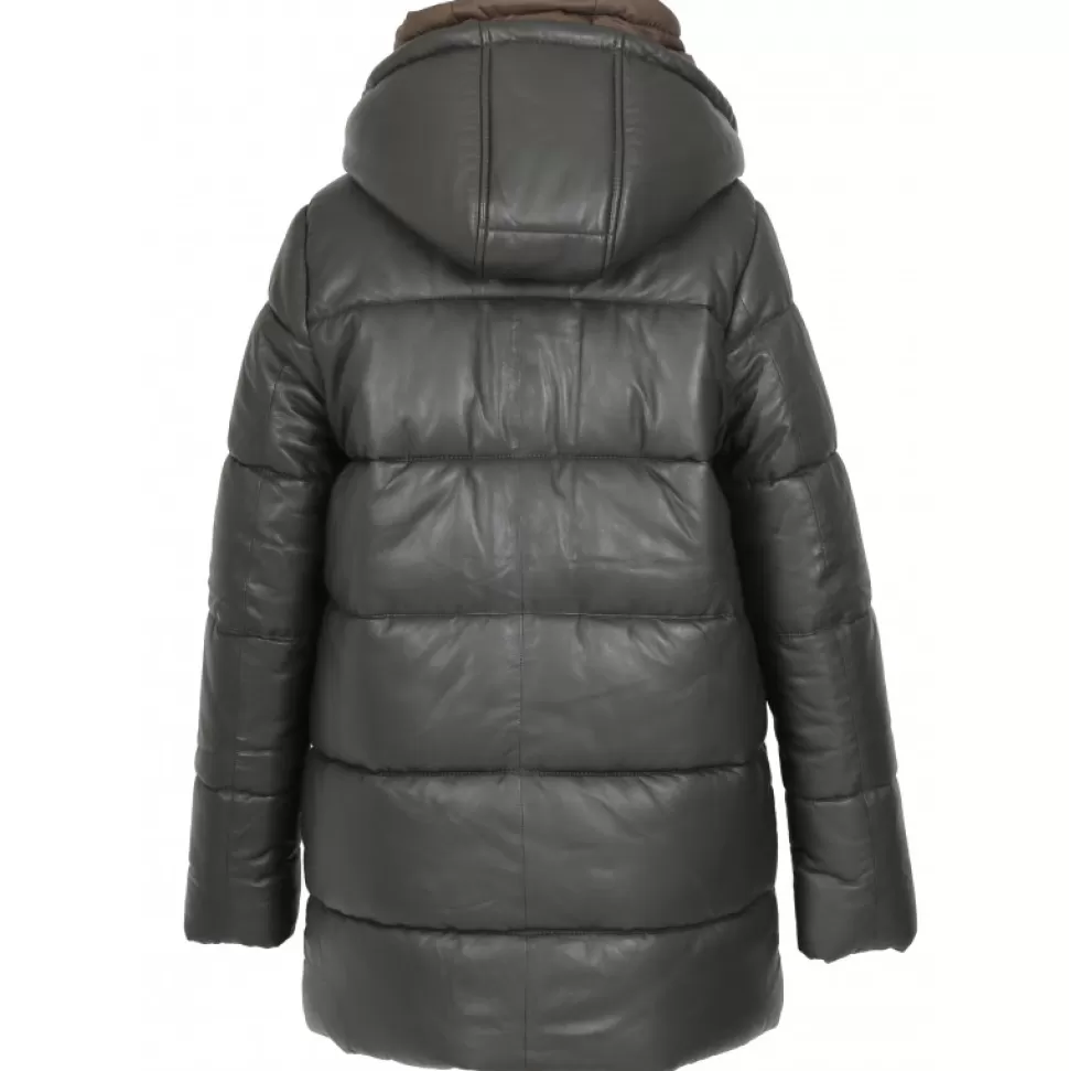 Women OAKWOOD Downjackets*Fancy Dark Khaki - Mid-Long Genuine Leather Down Jacket With Removable Hoods
