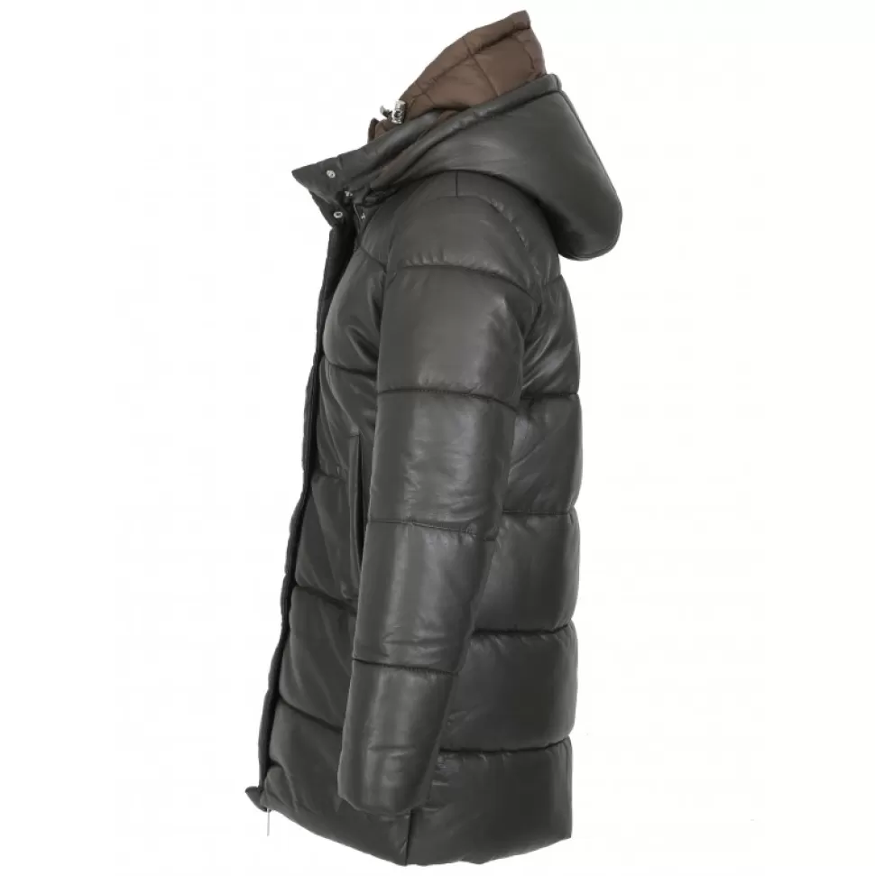 Women OAKWOOD Downjackets*Fancy Dark Khaki - Mid-Long Genuine Leather Down Jacket With Removable Hoods