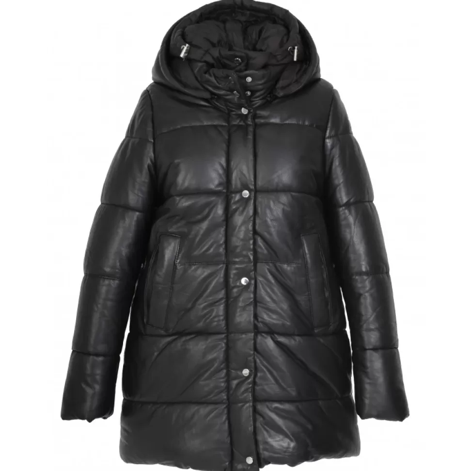 Women OAKWOOD Downjackets*Fancy Noir - Mid-Long Genuine Leather Down Jacket With Removable Hoods