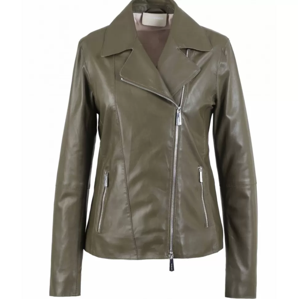 Women OAKWOOD Biker Jackets*Flash Khaki - Refined Jacket With Asymmetrical Closing In Genuine Sheep Leather