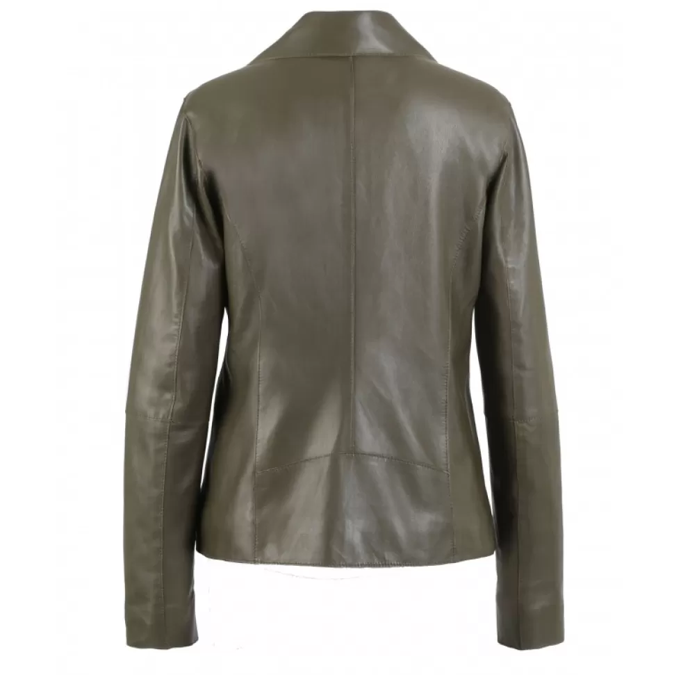 Women OAKWOOD Biker Jackets*Flash Khaki - Refined Jacket With Asymmetrical Closing In Genuine Sheep Leather