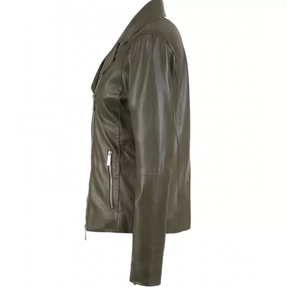 Women OAKWOOD Biker Jackets*Flash Khaki - Refined Jacket With Asymmetrical Closing In Genuine Sheep Leather