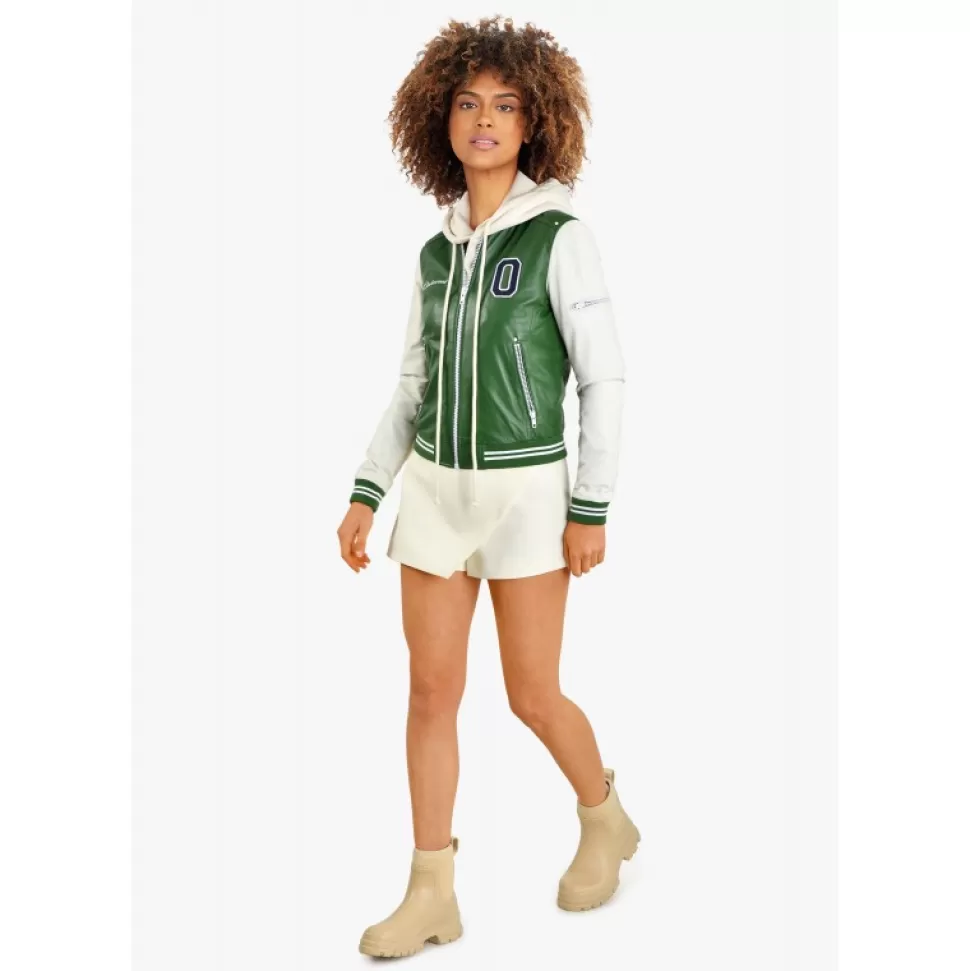Women OAKWOOD Biker Jackets*Flirt Emerald- Genuine Leather Bi Color Varsity Jacket