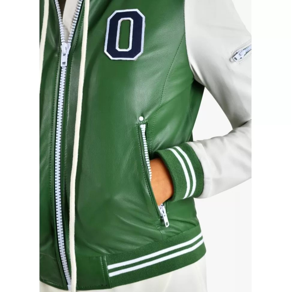 Women OAKWOOD Biker Jackets*Flirt Emerald- Genuine Leather Bi Color Varsity Jacket