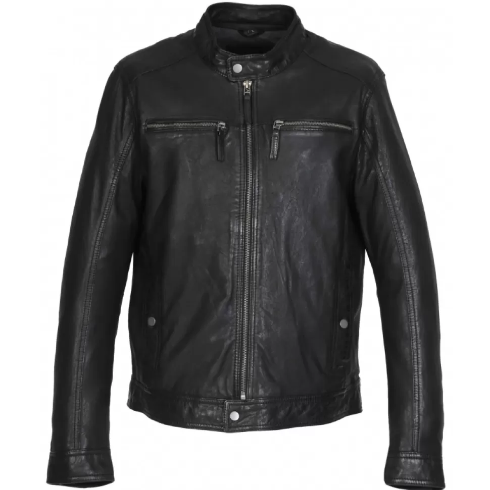 Men OAKWOOD Jackets*Gilles 6 Black - Genuine Leather Jacket With Press Buttoned Mandarin Collar