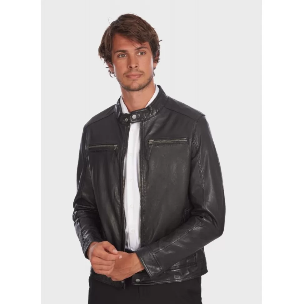 Men OAKWOOD Jackets*Gilles 6 Black - Genuine Leather Jacket With Press Buttoned Mandarin Collar