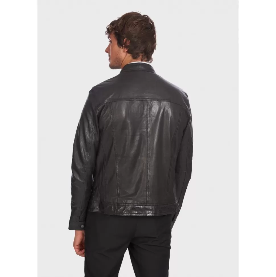Men OAKWOOD Jackets*Gilles 6 Black - Genuine Leather Jacket With Press Buttoned Mandarin Collar