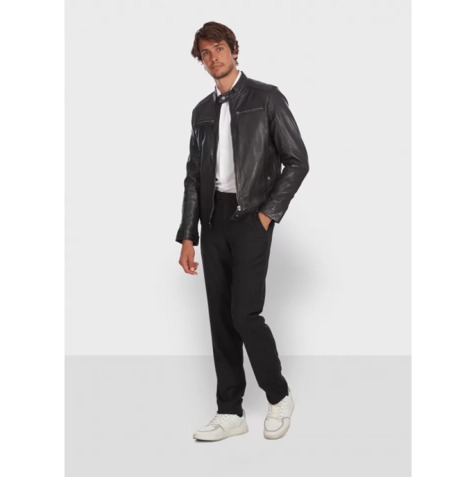 Men OAKWOOD Jackets*Gilles 6 Black - Genuine Leather Jacket With Press Buttoned Mandarin Collar