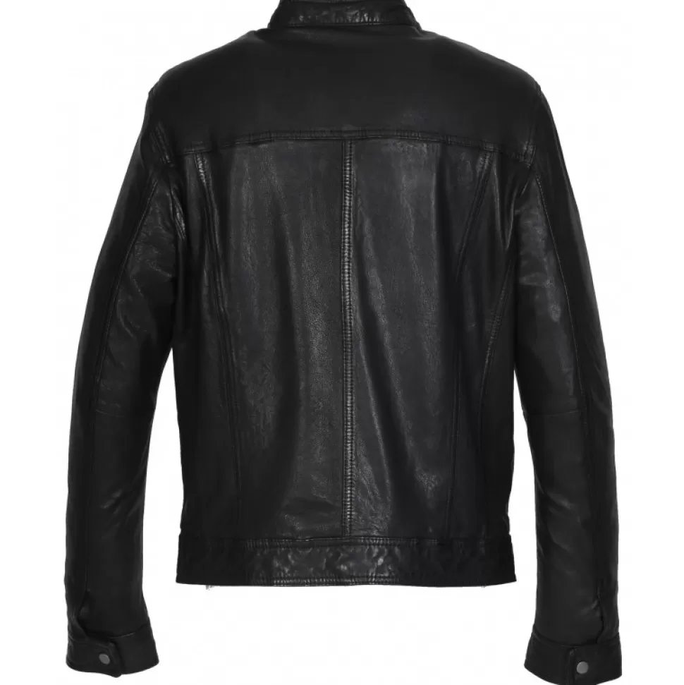 Men OAKWOOD Jackets*Gilles 6 Black - Genuine Leather Jacket With Press Buttoned Mandarin Collar