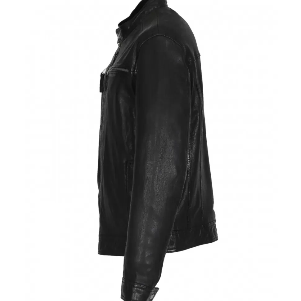 Men OAKWOOD Jackets*Gilles 6 Black - Genuine Leather Jacket With Press Buttoned Mandarin Collar