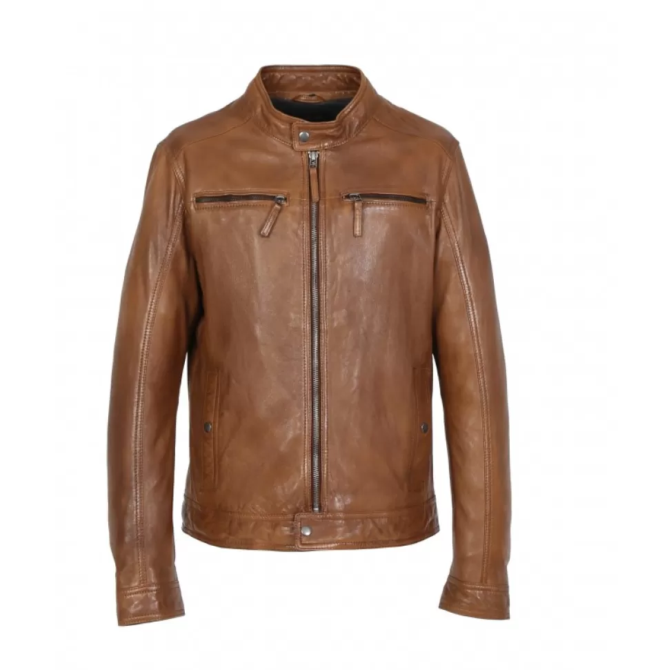 Men OAKWOOD Jackets*Gilles 6 Cognac - Genuine Leather Jacket With Press Buttoned Mandarin Collar