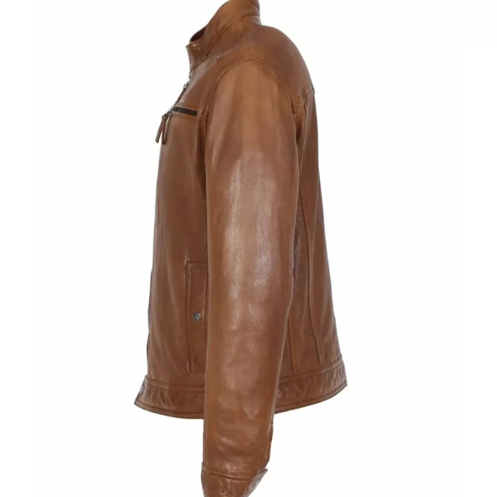 Men OAKWOOD Jackets*Gilles 6 Cognac - Genuine Leather Jacket With Press Buttoned Mandarin Collar