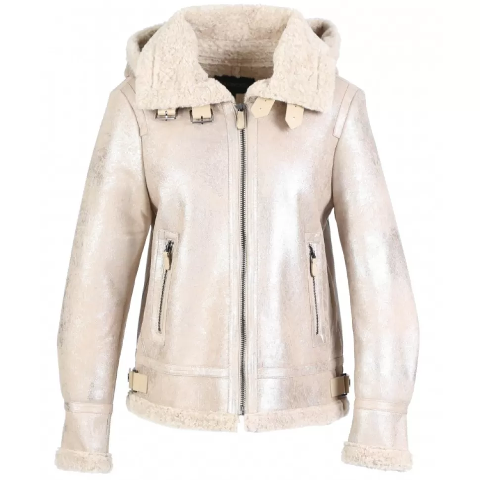 Women OAKWOOD Biker Jackets*Gloria Platinum - Short Bomber Jacket In Faux Shearling With Hood