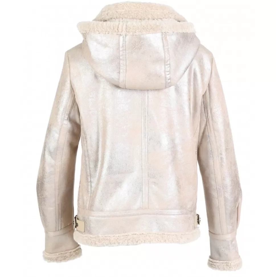 Women OAKWOOD Biker Jackets*Gloria Platinum - Short Bomber Jacket In Faux Shearling With Hood