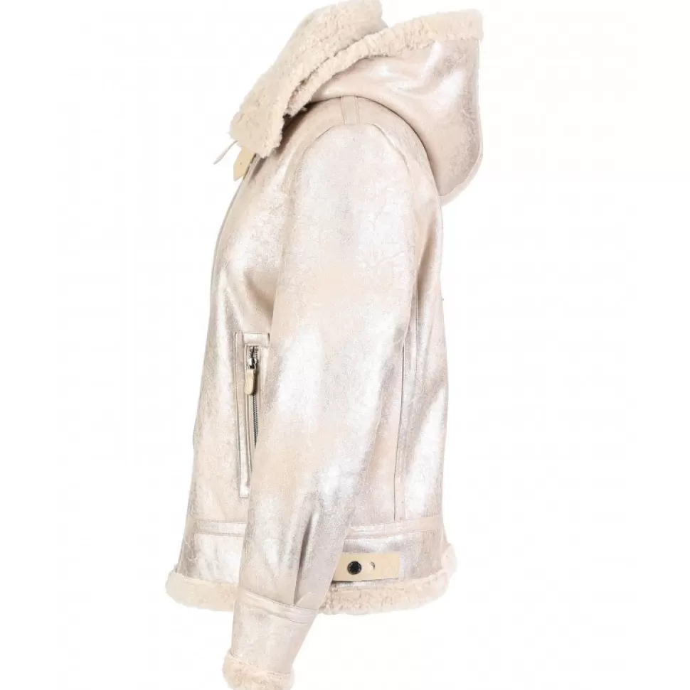 Women OAKWOOD Biker Jackets*Gloria Platinum - Short Bomber Jacket In Faux Shearling With Hood
