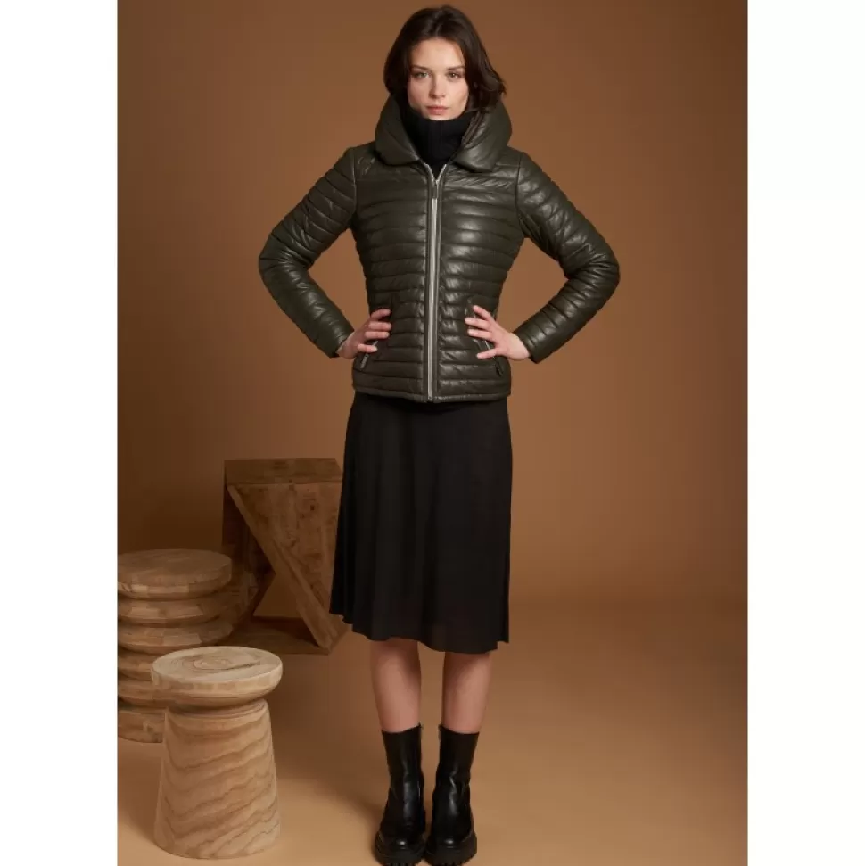 Women OAKWOOD Downjackets*Hyper Dark Khaki - Short Genuine Leather Down Jacket Lapel Hood