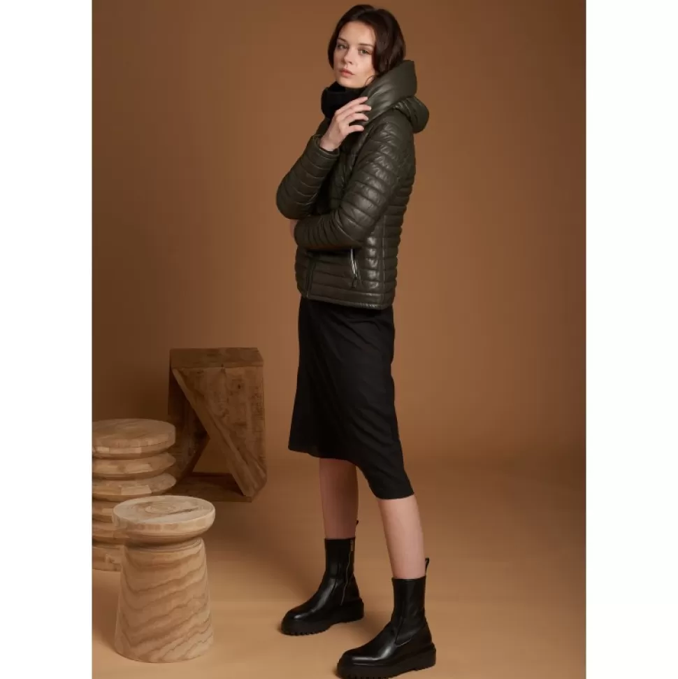 Women OAKWOOD Downjackets*Hyper Dark Khaki - Short Genuine Leather Down Jacket Lapel Hood