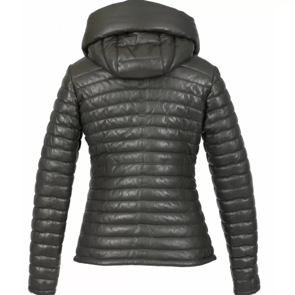 Women OAKWOOD Downjackets*Hyper Dark Khaki - Short Genuine Leather Down Jacket Lapel Hood