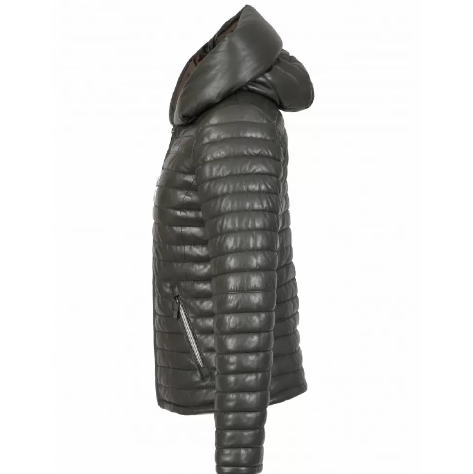 Women OAKWOOD Downjackets*Hyper Dark Khaki - Short Genuine Leather Down Jacket Lapel Hood
