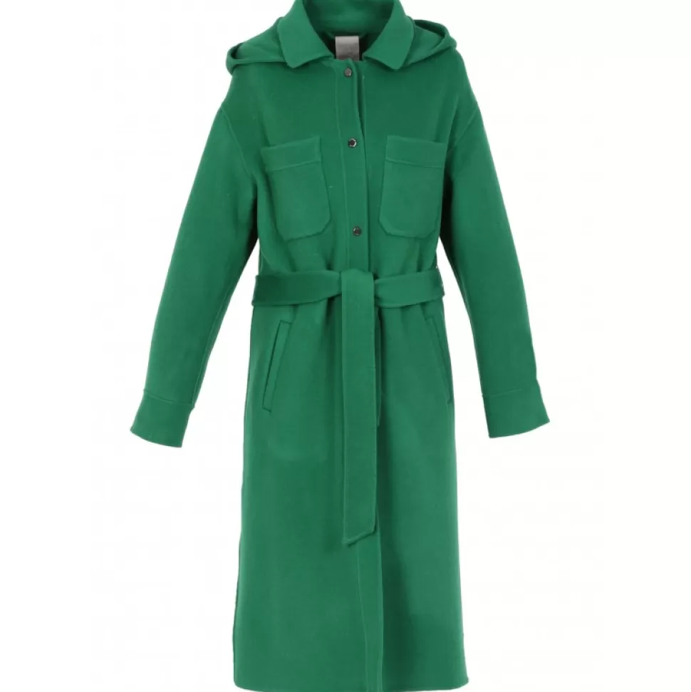 Women OAKWOOD Coats*Impulsion Green - Long Oversized Blended Wool Coat Removable Hood & Tie Belt