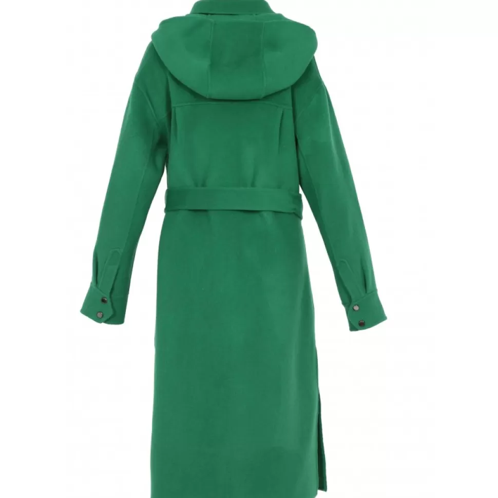 Women OAKWOOD Coats*Impulsion Green - Long Oversized Blended Wool Coat Removable Hood & Tie Belt