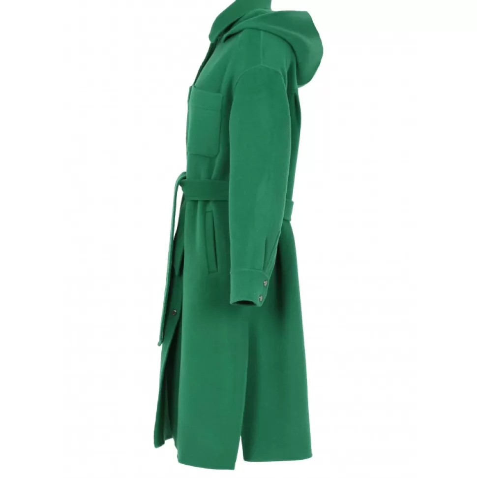 Women OAKWOOD Coats*Impulsion Green - Long Oversized Blended Wool Coat Removable Hood & Tie Belt