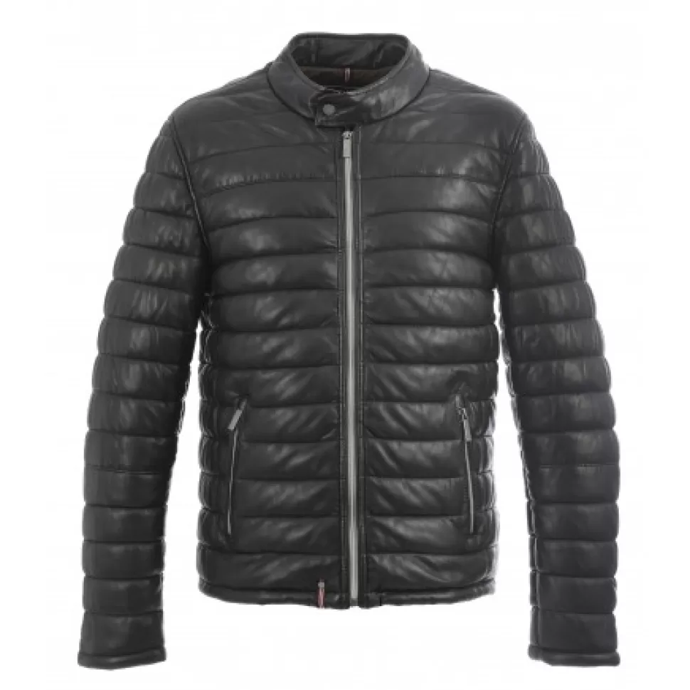 Men OAKWOOD Down Jackets*Julien Black - Genuine Leather Down Jacket With Press Buttoned Mandarin Collar