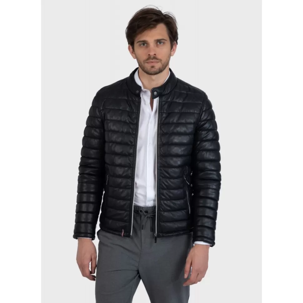 Men OAKWOOD Down Jackets*Julien Black - Genuine Leather Down Jacket With Press Buttoned Mandarin Collar
