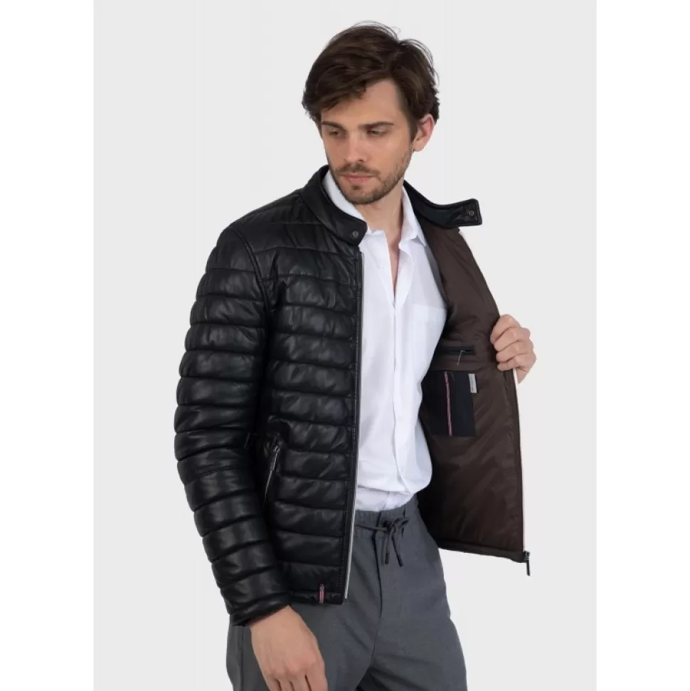 Men OAKWOOD Down Jackets*Julien Black - Genuine Leather Down Jacket With Press Buttoned Mandarin Collar