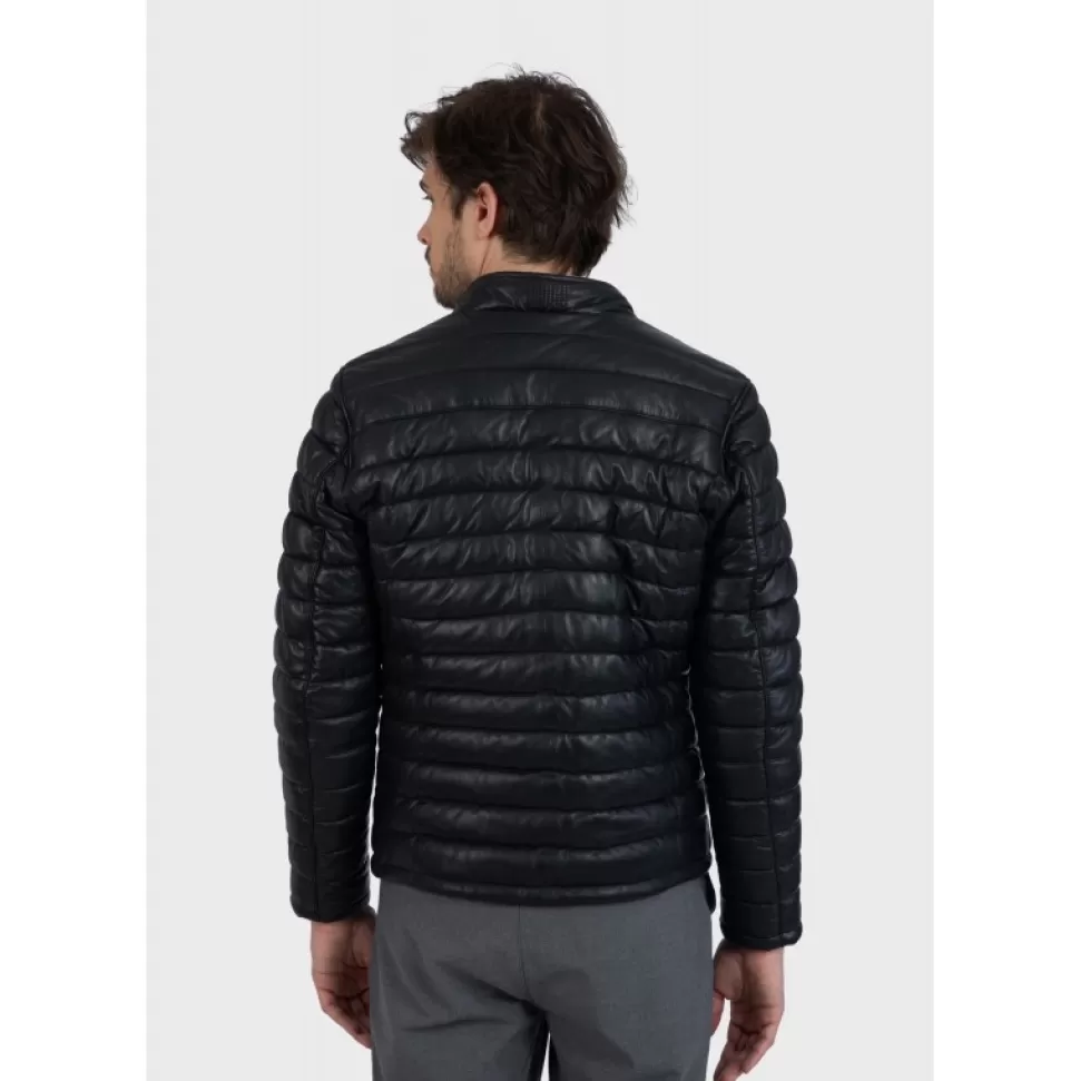 Men OAKWOOD Down Jackets*Julien Black - Genuine Leather Down Jacket With Press Buttoned Mandarin Collar