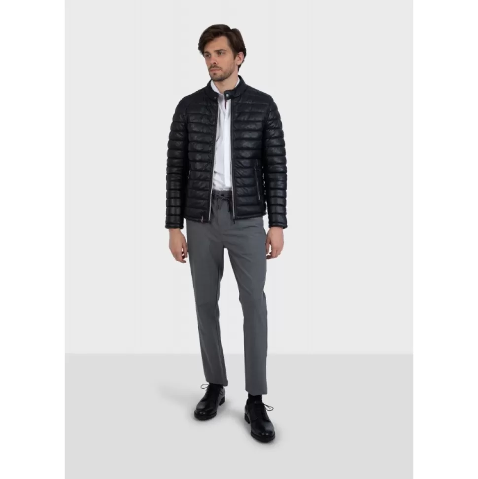 Men OAKWOOD Down Jackets*Julien Black - Genuine Leather Down Jacket With Press Buttoned Mandarin Collar