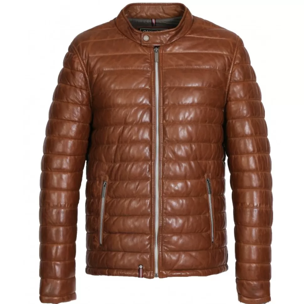 Men OAKWOOD Jackets*Julien Cognac - Genuine Leather Down Jacket With Press Buttoned Mandarin Collar