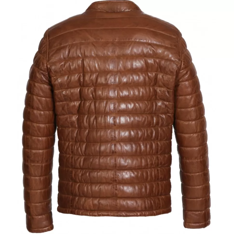 Men OAKWOOD Jackets*Julien Cognac - Genuine Leather Down Jacket With Press Buttoned Mandarin Collar